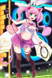 Rule 34 | 10s, 1girl, :d, ahoge, animal ears, bell, black thighhighs, blue eyes, cat ears, cat tail, eruthika, fang, headband, heart, highres, microphone, midriff, open mouth, pink hair, ribbon, rosia (show by rock!!), show by rock!!, skirt, smile, solo, stage, tail, thigh strap, thighhighs, twintails