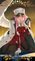 Rule 34 | 10s, 1girl, angel wings, arm support, black pantyhose, blush, breasts, candy, cangkong, character name, coat, copyright name, darling in the franxx, dress, feathered wings, food, full body, gloves, green eyes, hat, highres, holding, holding food, jacket, jacket on shoulders, kneeling, leaning forward, lips, lollipop, long hair, long sleeves, looking at viewer, medium breasts, military, military uniform, pantyhose, parted lips, patreon username, peaked cap, pink hair, pixiv id, red dress, single wing, solo, star (symbol), sweets, tsurime, uniform, watermark, web address, white coat, white gloves, white hat, white wings, wings, zero two (darling in the franxx)