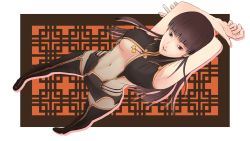 Rule 34 | 1girl, armpits, arms behind head, arms up, black footwear, black hair, breasts, brown eyes, center opening, dead or alive, hair down, highres, lei fang, long hair, medium breasts, navel, revealing clothes, simple background, smile, solo, underboob, unzipped, user tggn7272, zipper