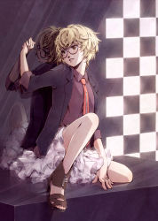 Rule 34 | 1girl, blonde hair, brown eyes, character request, copyright request, glasses, hanaji, jacket, lip piercing, looking back, necktie, own hands together, piercing, reflection, short hair, skirt, smile, solo, through wall, utatte mita wo yatte mita!, zipping