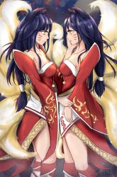 Rule 34 | 1girl, ahri (league of legends), animal ears, bare shoulders, black hair, boots, breasts, cleavage, collarbone, detached sleeves, facial mark, fox ears, fox tail, from side, hand on another&#039;s cheek, hand on another&#039;s face, highres, hand grab, japanese clothes, kimono, knee boots, korean clothes, large breasts, league of legends, lens flare, long hair, long sleeves, multiple tails, naoe tasukuri, profile, red footwear, sleeveless, sleeveless kimono, slit pupils, standing, tail, tears, whisker markings, yellow eyes