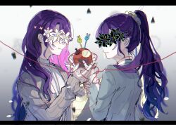 Rule 34 | 2girls, apple, asahina mafuyu, asahina mafuyu&#039;s mother, curly hair, flower, flower over eye, food, fruit, hands up, highres, holding, holding food, holding fruit, linch, long hair, long sleeves, looking at another, mother and daughter, multiple girls, ponytail, project sekai, purple hair, rabbit, shade, simple background, smile, string, string of fate, sweater