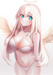 Rule 34 | 1girl, absurdres, angel wings, aqua eyes, bikini, blonde hair, breasts, chinese commentary, cleavage, collarbone, commentary request, cowboy shot, halo, highleg, highleg bikini, highres, indie virtual youtuber, large breasts, llg062666, long hair, looking at viewer, rong chuhan, smile, solo, strapless, strapless bikini, swimsuit, virtual youtuber, white bikini, white wings, wings