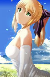 Rule 34 | 1girl, alternate costume, artist name, artoria pendragon (all), artoria pendragon (fate), bare shoulders, blonde hair, blue sky, breasts, bug, butterfly, character name, cloud, copyright name, day, dress, elbow gloves, fate/stay night, fate (series), field, gloves, green eyes, head tilt, insect, medium breasts, paperfinger, ponytail, saber (fate), sideboob, sky, solo, strapless, strapless dress, upper body, white dress