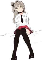 Rule 34 | 1girl, black thighhighs, blouse, closed mouth, cowlick, frills, grey hair, knees together feet apart, long hair, long sleeves, looking at viewer, love live!, love live! school idol project, minami kotori, one side up, red skirt, shirt, simple background, skirt, solo, tanaka (colorcorn), tareme, thighhighs, white background, white shirt, yellow eyes