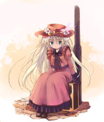 Rule 34 | 1girl, artist name, blonde hair, dress, feathers, flower, full body, gloves, gosick, green eyes, hat, hat flower, long hair, red dress, sitting, solo, source request, victorica de blois