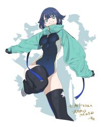 Rule 34 | 1girl, aqua eyes, aqua gloves, black gloves, black thighhighs, blue hair, blue pupils, competition swimsuit, covered navel, fukami nana (awono nanaumi), gloves, gradient clothes, grey footwear, highres, machi (wm), multicolored clothes, multicolored gloves, multicolored hair, one-piece swimsuit, original, purple hair, short hair, signature, skindentation, sleeves past wrists, smile, solo, swimsuit, teeth, thighhighs, two-tone gloves, two-tone hair, zipper, zipper pull tab