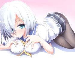 Rule 34 | 10s, 1girl, bad id, bad pixiv id, blue eyes, blush, breast press, breasts, evandragon, grey pantyhose, hair ornament, hair over one eye, hairclip, hamakaze (kancolle), kantai collection, large breasts, looking at viewer, pantyhose, personification, school uniform, serafuku, short hair, skirt, smile, solo, white hair