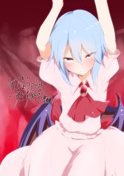 Rule 34 | 1girl, arms up, ascot, bat wings, blue hair, blush, brooch, cover, cover page, highres, jewelry, red eyes, remilia scarlet, solo, takorice, touhou, wings