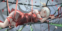 Rule 34 | 1girl, alternate hair color, anastasia (pixiv fantasia fallen kings), bare shoulders, breasts, dress, highres, lying, maebari, medium breasts, merry christmas, on side, one side up, original, red dress, red eyes, ribbon, silver hair, solo, strapless, strapless dress, wangchuan de quanyan