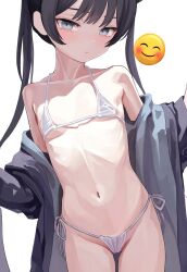 1girl bare_shoulders bikini black_hair blue_archive blue_eyes blush breasts closed_mouth collarbone cowboy_shot emoji gotenmocha groin highres kisaki_(blue_archive) long_hair long_sleeves looking_at_viewer micro_bikini navel off_shoulder open_clothes sidelocks simple_background small_breasts solo standing stomach swimsuit thighs twintails unfinished white_background white_bikini