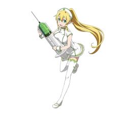 Rule 34 | 10s, 1girl, blonde hair, full body, green eyes, hat, highres, holding, leafa, long hair, looking at viewer, nurse, nurse cap, official art, open mouth, pointy ears, ponytail, simple background, solo, sword art online, sword art online: code register, thighhighs, white background, white thighhighs