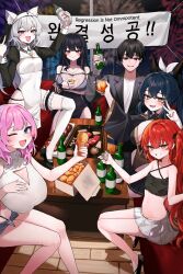Rule 34 | 1boy, 5girls, alcohol, animal ear fluff, animal ears, beef, black hair, blue eyes, blue hair, bottle, breasts, cat ears, cat girl, celebration, chicken (food), cleavage cutout, closed mouth, clothing cutout, cocktail glass, commentary request, cup, danbal, denim, denim shorts, drinking glass, flat chest, formal, fried chicken, glass bottle, green eyes, hair between eyes, headpiece, highres, holding, holding bottle, holding cup, indoors, jewelry, korean commentary, korean text, large breasts, long hair, long sleeves, looking at viewer, middle finger, multiple girls, mushroom, necklace, nun, one eye closed, open mouth, original, pink hair, pleated skirt, red eyes, red hair, sake bottle, shirt, short hair, shorts, side ponytail, sitting, skirt, sleeveless, small breasts, standing, suit, table, thighhighs, v, vodka, white hair, white shirt, white skirt