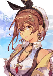 Rule 34 | 1girl, atelier (series), atelier ryza, atelier ryza 3, bare shoulders, beret, black ribbon, blush, braid, breasts, brown eyes, brown hair, brown vest, choker, cleavage, clover hair ornament, collarbone, collared shirt, crown braid, earrings, hair ornament, hat, hungry clicker, jewelry, large breasts, looking at viewer, necklace, open clothes, open vest, pendant, reisalin stout, ribbon, shirt, short hair, short sleeves, star (symbol), star earrings, vest, white hat, white shirt, yellow vest