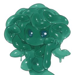 Rule 34 | 1girl, aqua eyes, artist request, breasts, character request, lowres, medusa, monster girl, nipples, simple background, slime girl, snake, solo, white background