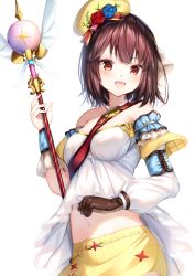 Rule 34 | 1girl, :d, atelier (series), atelier sophie, bare shoulders, beret, breasts, brown gloves, brown hair, collarbone, commentary request, flower, gloves, hat, highres, holding, holding staff, looking at viewer, medium breasts, midriff, navel, off-shoulder shirt, off shoulder, open mouth, red eyes, rose, sash, shiero., shirt, short hair, shorts, simple background, smile, solo, sophie neuenmuller, staff, upper body, white background, white shirt, yellow shorts