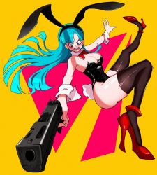 Rule 34 | 1girl, absurdres, bare arms, bare shoulders, black leotard, blue eyes, blue hair, blue pantyhose, breasts, bulma, cleavage, detached collar, dragon ball, dragon ball (classic), female focus, full body, gun, high heels, highleg, highleg leotard, highres, kekel, large breasts, leotard, long hair, pantyhose, playboy bunny, revealing clothes, strapless, strapless leotard, weapon, wide hips