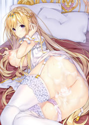 Rule 34 | 1girl, aftersex, ass, blonde hair, blush, braid, breasts, circlet, cum, cum in pussy, cum on body, cum on breasts, cum on lower body, cum on upper body, garter straps, hair ornament, kaguyuzu, lace, lace-trimmed legwear, lace trim, large breasts, legs, long hair, looking at viewer, lying, nipples, on side, open clothes, original, panties, panties around leg, purple eyes, solo, thighhighs, thighs, underwear, white thighhighs