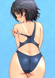 Rule 34 | ass, black hair, blush, looking back, simple background, swimsuit, tan, tanline