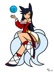 Rule 34 | 1girl, ahri (league of legends), animal ears, bare shoulders, black hair, breasts, cleavage, detached sleeves, facial mark, fang, fox ears, fox tail, korean clothes, large breasts, league of legends, leg warmers, long hair, multiple tails, neo-tk.., orb, panty &amp; stocking with garterbelt, parody, solo, style parody, tail, whisker markings, yellow eyes