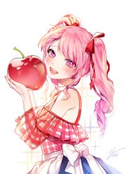 Rule 34 | 1girl, :d, apron, bang dream!, blue skirt, blush, cherry, choker, food, frills, fruit, hair ribbon, holding, holding food, holding fruit, iso1206, long sleeves, looking at viewer, maruyama aya, open mouth, oversized food, oversized object, pink eyes, pink hair, plaid, plaid shirt, red ribbon, red shirt, ribbon, shirt, sidelocks, signature, skirt, smile, solo, sparkle, twintails, waist apron, water drop, white apron, white choker