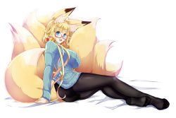 Rule 34 | 1girl, amino dopple, animal ear fluff, animal ears, arm support, ass, bed sheet, black pantyhose, blonde hair, blue eyes, blunt bangs, blush, breasts, feet, fox ears, fox girl, fox tail, glasses, large breasts, long hair, looking at viewer, multiple tails, no shoes, open mouth, original, pantyhose, red-framed eyewear, ribbed sweater, sitting, smile, soles, solo, sweater, tail