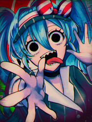 Rule 34 | 1girl, ai no punch, black eyes, black mouth, blue dress, blue hair, blue hat, bow, buttons, commentary, double-breasted, dress, hair bow, hands up, hat, hatsune miku, highres, long hair, mesmerizer (vocaloid), open mouth, puffy short sleeves, puffy sleeves, sharp teeth, short sleeves, smile, solo, striped bow, teeth, twintails, upper body, very long hair, visor cap, vocaloid