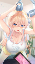 Rule 34 | 1girl, 1other, :o, absurdres, aqua eyes, armpits, arms up, bare arms, blonde hair, blurry, blush, braid, breasts, cellphone, cleavage, collarbone, commentary request, depth of field, eyelashes, fingernails, hair between eyes, hair ornament, hair ribbon, headphones, highres, hina kurisu, holding, holding headphones, indoors, large breasts, long hair, looking at viewer, lying, on back, open mouth, phone, pov, ribbon, shiny skin, shirt, short shorts, short sleeves, shorts, sidelocks, smartphone, t-shirt, teeth, teltelhousi, twitter username, unreal night girls, upper teeth only, virtual youtuber, white ribbon, white shirt, yellow shorts