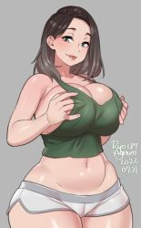 Rule 34 | 1girl, agawa ryou, armpit crease, artist name, bare shoulders, breasts, brown hair, cleavage, collarbone, commentary, cowboy shot, crop top, dated, dolphin shorts, english commentary, green eyes, green tank top, grey background, grey shorts, gym shorts, hands on own breasts, hands up, huge breasts, light blush, long hair, looking at viewer, multicolored hair, navel, numbered, original, parted hair, pink lips, short shorts, shorts, simple background, solo, standing, straight hair, tank top, tongue, tongue out, two-tone hair