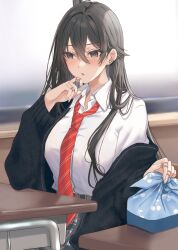 Rule 34 | 1girl, bandaid, bandaid on hand, black cardigan, black hair, blurry, blurry background, blush, breasts, cardigan, chair, collared shirt, commentary request, depth of field, desk, diagonal-striped clothes, diagonal-striped necktie, earrings, grey eyes, grey skirt, hair between eyes, hamu (plot sy), highres, indoors, jewelry, looking away, medium breasts, necktie, off shoulder, open cardigan, open clothes, original, parted lips, plaid, plaid skirt, red necktie, school chair, school desk, school uniform, shirt, skirt, solo, striped clothes, stud earrings, white shirt, wrapped bento
