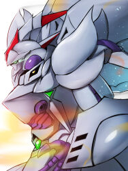 Rule 34 | commentary, cybuster, eye trail, fire, from side, green eyes, highres, light trail, looking ahead, mecha, no humans, open hand, profile, robot, science fiction, super robot wars, super robot wars original generation, yoo tenchi