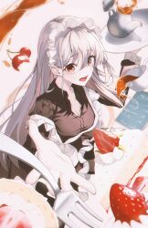 Rule 34 | 1girl, absurdres, black dress, breasts, cake, cake slice, cherry, cleavage, commentary, dress, english commentary, food, fork, fruit, gloves, grey hair, hansul, highres, long hair, long sleeves, looking at viewer, maid, maid headdress, open mouth, original, plate, red eyes, solo, spilling, strawberry, teapot, white gloves, wrist cuffs