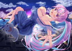 Rule 34 | 1girl, absurdres, ahoge, blue dress, blue hair, blurry, blush, breasts, building, cleavage, cloud, colored inner hair, dawn, dress, earrings, flying, hair ribbon, heart, heart necklace, highres, hololive, jewelry, lamppost, large breasts, long hair, looking at viewer, mihaeru, minato aqua, multicolored hair, necklace, neko (minato aqua), night, night sky, no socks, open mouth, outstretched arm, ponytail, purple eyes, purple hair, ribbon, ring, sky, smile, streaked hair, sunlight, two-tone hair, virtual youtuber