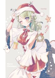 Rule 34 | 1girl, :o, antlers, bell, braid, branch, brooch, candy, candy cane, ceres fauna, christmas, dress, flower, food, green hair, hair flower, hair ornament, hair over one eye, hat, highres, hololive, hololive english, horns, jewelry, looking at viewer, mayumura, one eye closed, ribbon, santa costume, santa hat, snow print, snowman, star (symbol), virtual youtuber, wide sleeves, wreath, yellow eyes