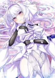 Rule 34 | 1girl, absurdres, ahoge, black gloves, braid, breasts, dress, elbow gloves, fate/grand order, fate (series), gloves, hair ribbon, highres, lady avalon (fate), lady avalon (third ascension) (fate), long hair, long sleeves, looking at viewer, lying, medium breasts, merlin (fate/prototype), okanda, on back, pantyhose, pointy ears, purple eyes, ribbon, smile, solo, thighs, very long hair, white dress, white hair, white pantyhose