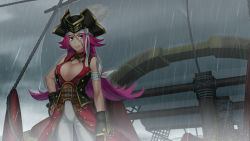 Rule 34 | 10s, 1girl, bare shoulders, boat, breasts, cleavage, fate/extra, fate/grand order, fate (series), francis drake (fate), hat, kotera ryou, large breasts, long hair, pink hair, rain, scar, smile, solo
