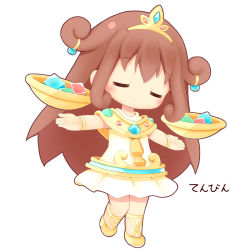 Rule 34 | 1girl, aikei ake, blush, bowl, brown hair, chibi, closed mouth, cube, dress, closed eyes, facing viewer, full body, highres, long hair, original, outstretched arms, personification, shoes, simple background, sleeveless, sleeveless dress, smile, solo, standing, standing on one leg, tiara, translation request, very long hair, white background, white dress, yellow footwear