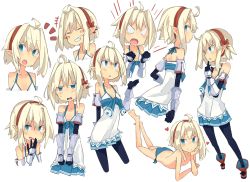 Rule 34 | 1girl, ahoge, angry, barefoot, black pantyhose, blonde hair, blue eyes, blue panties, boots, bow, character sheet, covering own mouth, dress, expressions, gauntlets, grin, hair bow, hairband, halterneck, hand to own mouth, head rest, heart, highres, lying, multiple views, on stomach, open mouth, original, panties, pantyhose, parted lips, pointy ears, red bow, red hairband, short hair, simple background, skirt, smile, smug, steins schwanz, the pose, topless, underwear, underwear only, white background