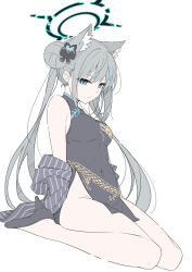 Rule 34 | 1girl, animal ears, bare shoulders, black footwear, blue archive, breasts, butterfly hair ornament, china dress, chinese clothes, cosplay, covered navel, dragon print, dress, expressionless, fox ears, grey hair, hair bun, hair ornament, halo, highres, kisaki (blue archive), kisaki (blue archive) (cosplay), long hair, masabodo, medium breasts, shiroko (blue archive), shiroko terror (blue archive), side slit, sitting, solo