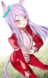 Rule 34 | 1girl, alternate costume, animal ears, blush, breasts, commentary request, grass, heavy breathing, highres, horse ears, horse tail, jacket, looking to the side, mejiro mcqueen (umamusume), nanahone, open clothes, open mouth, purple eyes, purple hair, shirt, small breasts, solo, sweat, tail, track jacket, umamusume