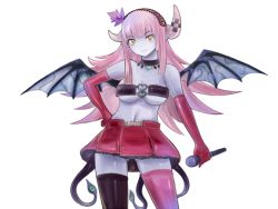 Rule 34 | 1girl, breasts, cleavage, demon girl, looking at viewer, microphone, mon-musu quest!, mon-musu quest: paradox, pink hair, pointy ears, saki (mon-musu quest!), skirt, un do, underboob, wings, yellow eyes