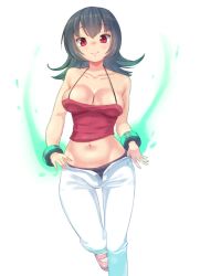 Rule 34 | 00s, 1girl, bare arms, bare shoulders, black hair, black panties, bracelet, breasts, cleavage, clothes pull, collarbone, cowboy shot, creatures (company), female focus, game freak, gloves, glowing, grin, gym leader, jewelry, kazo (kazozakazo), large breasts, long hair, looking at viewer, midriff, navel, nintendo, no bra, open fly, open pants, panties, pants, pants pull, pink footwear, pokemon, pokemon hgss, purple eyes, purple hair, red eyes, red shirt, sabrina (pokemon), shirt, shoes, smile, solo, striped clothes, striped panties, tank top, unbuttoned, underwear, undressing, unzipped, white gloves, white pants