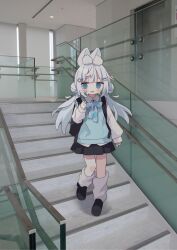 Rule 34 | 1girl, animal ear fluff, animal ears, backpack, bag, black footwear, black skirt, blue bow, blue eyes, blush, bow, collared shirt, commentary, double bun, dress shirt, grey hair, grey socks, hair bun, hair ornament, hairclip, handrail, highres, indoors, loafers, long hair, long sleeves, loose socks, low twintails, nakkar, open mouth, original, photo background, plaid, plaid bow, pleated skirt, puffy long sleeves, puffy sleeves, railing, shirt, shoes, skirt, sleeves past wrists, socks, solo, stairs, sweat, sweater vest, twintails, very long hair, white shirt