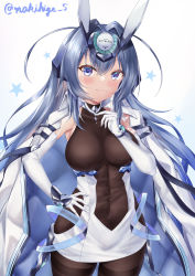 Rule 34 | 1girl, :3, absurdres, ahoge, armpits, azur lane, blue eyes, blue hair, blush, bodystocking, breasts, closed mouth, coat, coat on shoulders, commentary request, covered navel, cowboy shot, dress, elbow gloves, finger to cheek, gloves, hair between eyes, hair intakes, hand on own hip, hand up, headgear, highres, large breasts, long hair, looking at viewer, makihige, new jersey (azur lane), partial commentary, sidelocks, simple background, smile, solo, star (symbol), starry background, twitter username, vambraces, very long hair, white background, white coat, white dress, white gloves