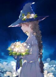 Rule 34 | anna (k0130), bird, black hair, blue hat, blue ribbon, blue theme, braid, chick, closed eyes, closed mouth, commentary, dress, english commentary, facing ahead, field, fireflies, flower, flower field, from side, glowing, grey dress, hat, hat flower, highres, holding, holding flower, light particles, long hair, moonflower (flower), nature, night, night sky, original, profile, puffy short sleeves, puffy sleeves, ribbon, see-through, see-through sleeves, short sleeves, single braid, sky, smile, star (sky), upper body, very long hair, white flower, witch hat, yellow flower