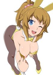 Rule 34 | 1girl, animal ears, ass, bare shoulders, bent over, blue eyes, bow, bowtie, breasts, breasts day, cuffs, fake animal ears, gundam, gundam build fighters, gundam build fighters try, hair ornament, haruhisky, high heels, highres, hoshino fumina, leotard, looking at viewer, nipple slip, nipples, one eye closed, open mouth, pantyhose, pink scrunchie, playboy bunny, ponytail, rabbit ears, rabbit tail, scrunchie, tail