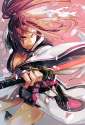 Rule 34 | 1girl, arc system works, baiken, breasts, cleavage, facial mark, gauntlets, glowing, glowing eye, guilty gear, hungry clicker, katana, large breasts, pink hair, ponytail, red eyes, robe, scabbard, scar, scar across eye, scar on face, sheath, solo, sword, weapon