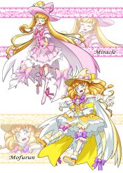 Rule 34 | 2girls, :d, absurdres, asahina mirai, asymmetrical legwear, blonde hair, blue eyes, boots, bow, cape, character name, closed eyes, commentary request, cure miracle, cure miracle (alexandrite style), cure mofurun, dress, earrings, eyelashes, frilled dress, frills, hair ornament, happy, hat, high ponytail, high side ponytail, highres, jewelry, large hat, long hair, looking at viewer, magical girl, mahou girls precure!, matatabi (karukan222), medium hair, mofurun (mahou girls precure!), multiple girls, official alternate costume, open mouth, pink bow, pink cape, pink dress, ponytail, precure, puffy short sleeves, puffy sleeves, short sleeves, side ponytail, smile, standing, witch, witch hat, wrist cuffs, yellow cape, yellow dress