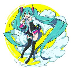 Rule 34 | 1girl, absurdly long hair, anniversary, aqua eyes, aqua hair, black thighhighs, boots, detached sleeves, full body, hand on own chest, happy birthday, hatsune miku, iwato1712, long hair, necktie, open mouth, skirt, solo, thigh boots, thighhighs, twintails, very long hair, vocaloid