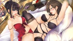 Rule 34 | 2girls, alcohol, anal beads, babydoll, bed, black bra, black panties, blush, bra, breasts, brown hair, clothed sex, comforter, couple, cup, dildo, drinking glass, game cg, green eyes, hat, kopianget, lace, lace-trimmed bra, lace-trimmed legwear, lace trim, large breasts, lingerie, medium breasts, multiple girls, original, panties, mob cap, red babydoll, red bra, red panties, sex toy, table, tribadism, tribadism through clothes, underwear, wine, wine glass, yuri